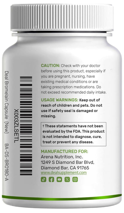 Premium imported Deal Supplement Bromelain 2000mg packaging demonstrating quality assurance and third party testing.