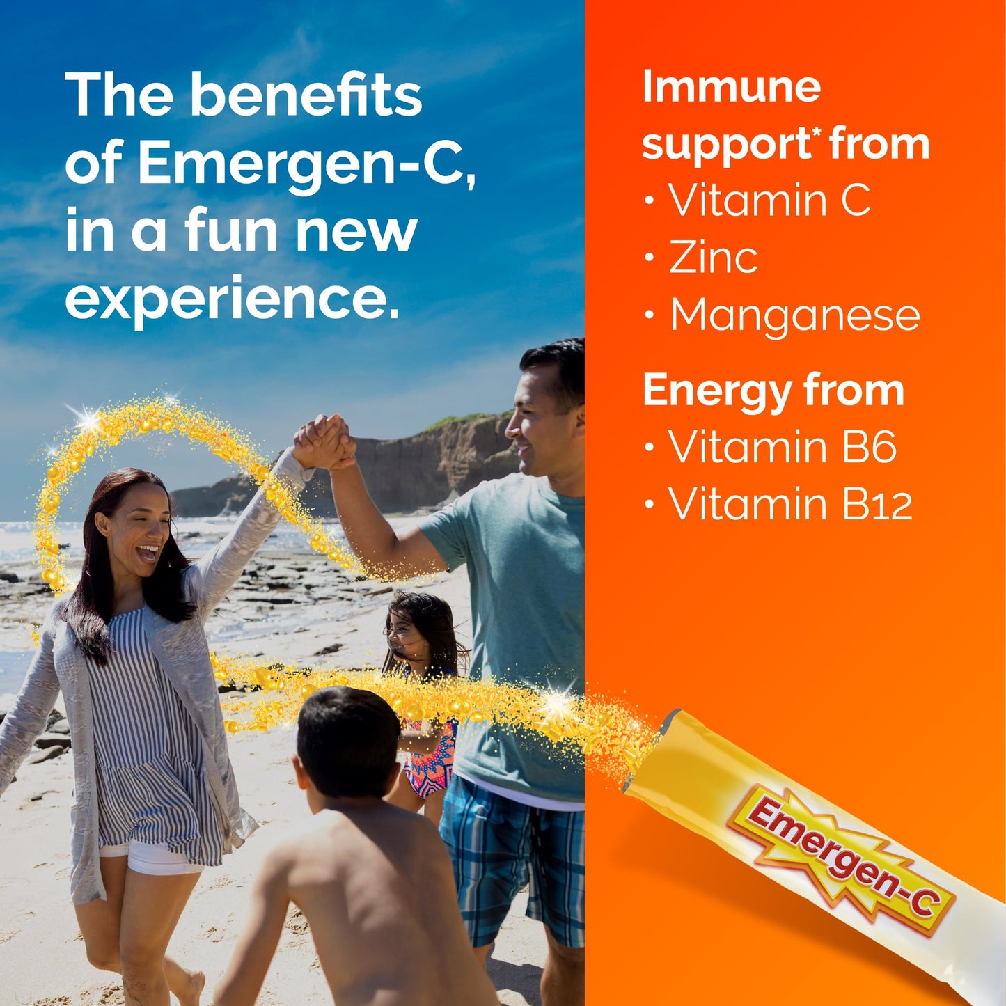 Emergen-C Orange Vitality waterless immune support supplement packaging details