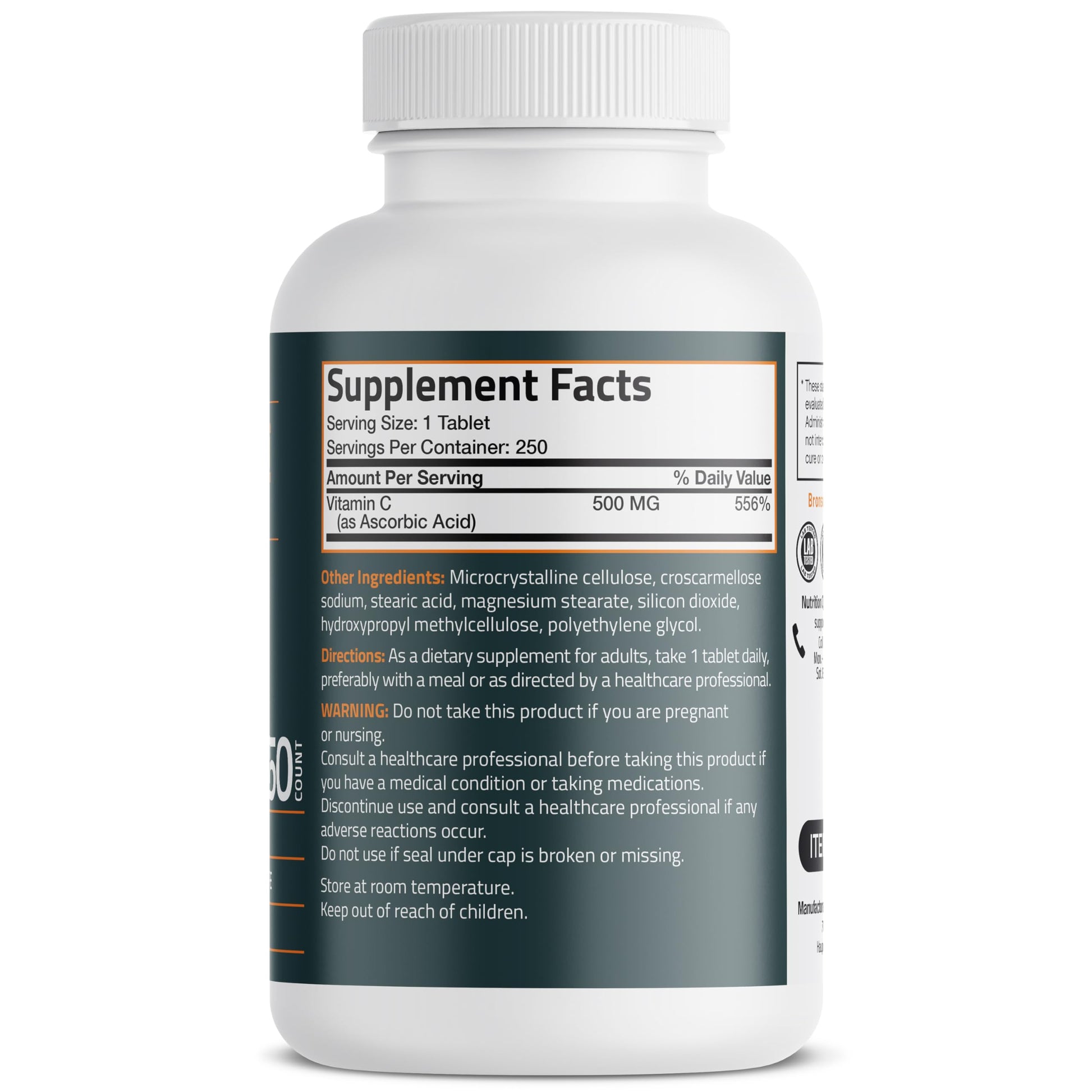 Bronson Basics Vitamin C 250 vegetarian tablets label detailing ingredients