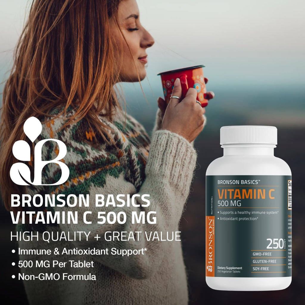 Bronson vitamin c dietary supplement bottle side view capsule details