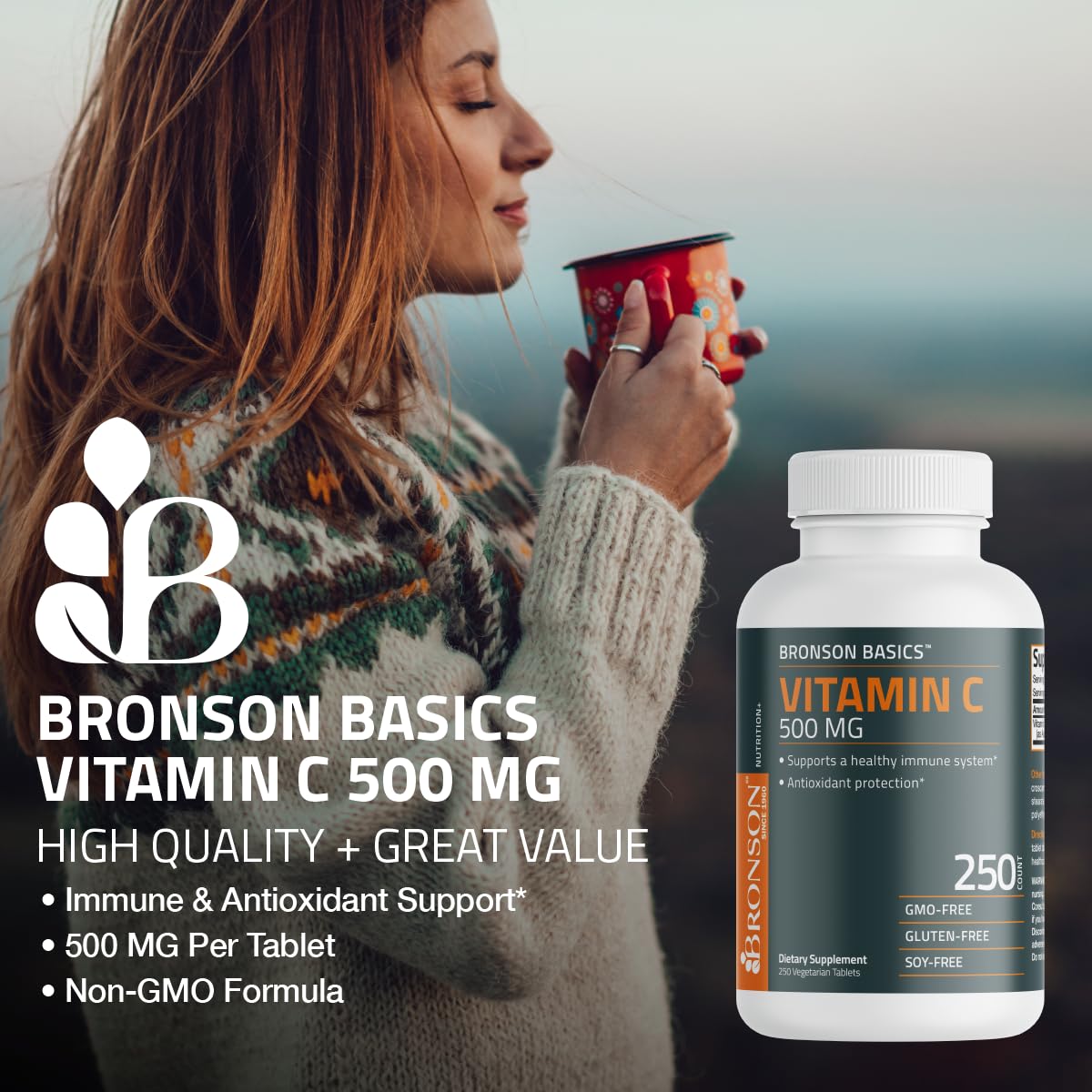 Bronson vitamin c dietary supplement bottle side view capsule details