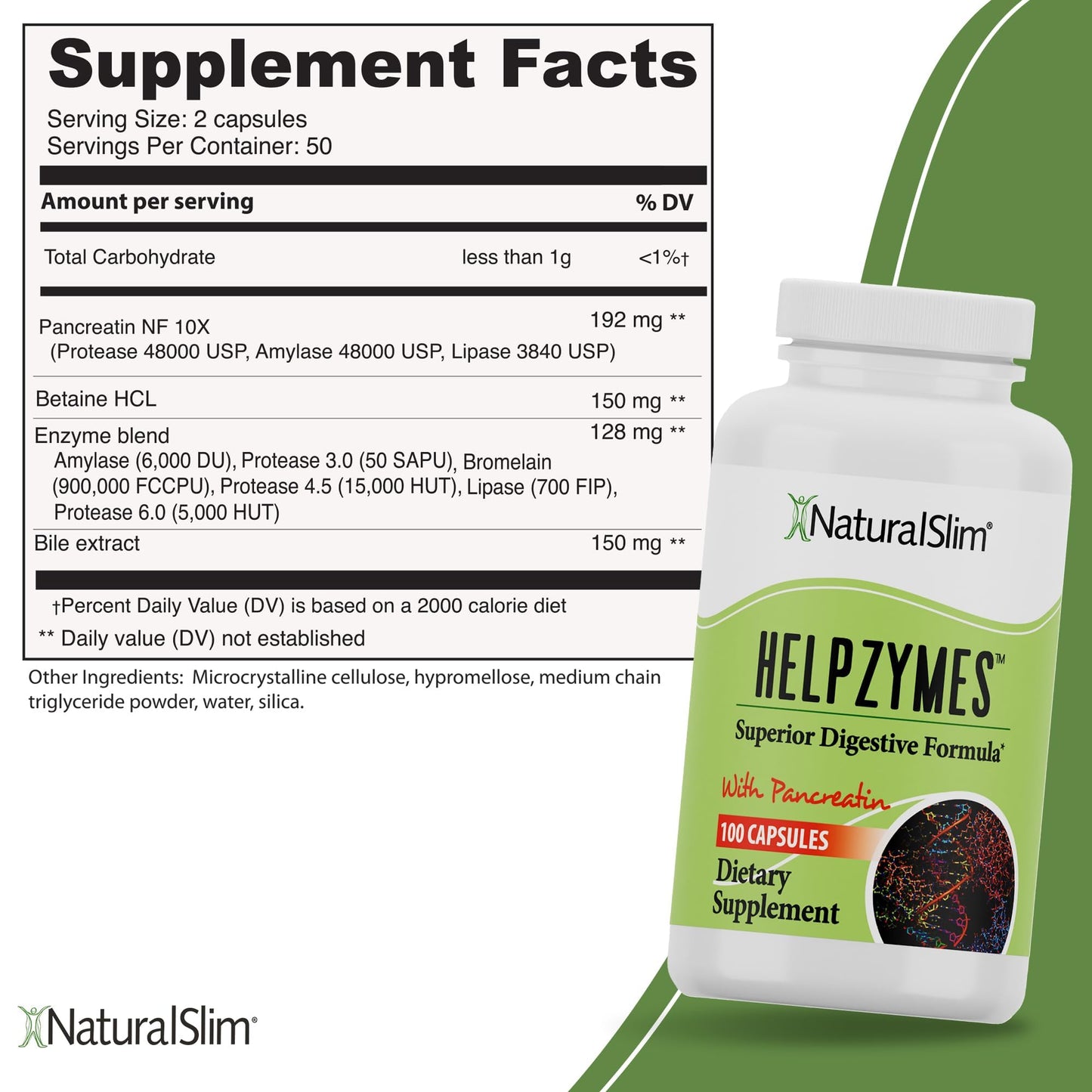 NaturalSlim Helpzymes one hundred capsules supplement facts panel showing pancreatin ingredients