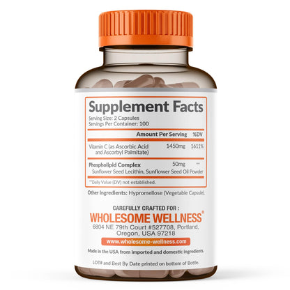 Wholesome Wellness Liposomal Vitamin C veggie capsules showing high absorption delivery details