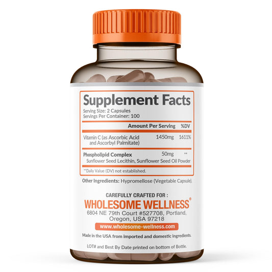 Wholesome Wellness Liposomal Vitamin C veggie capsules showing high absorption delivery details