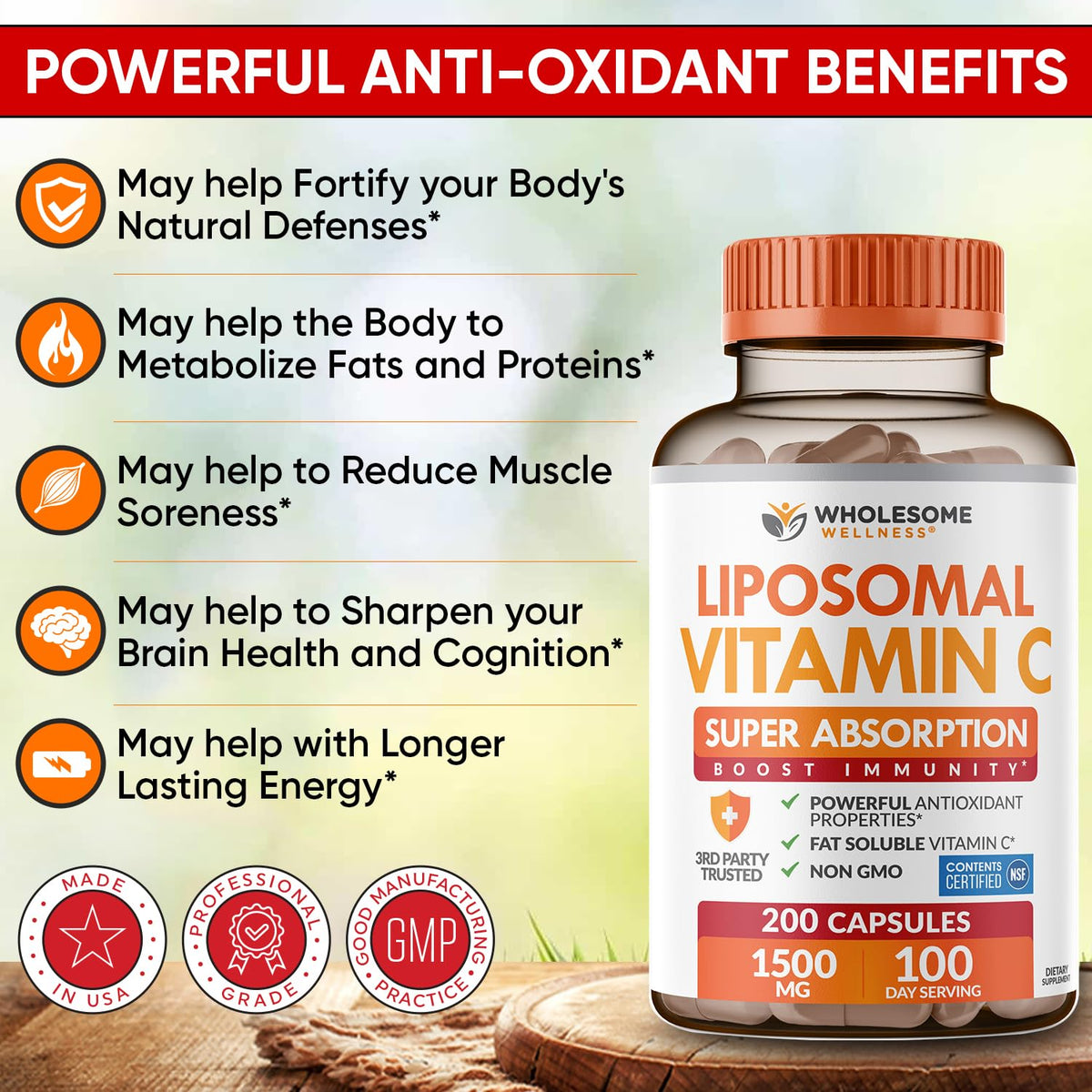 Wholesome Wellness Liposomal Vitamin C close up of product seal