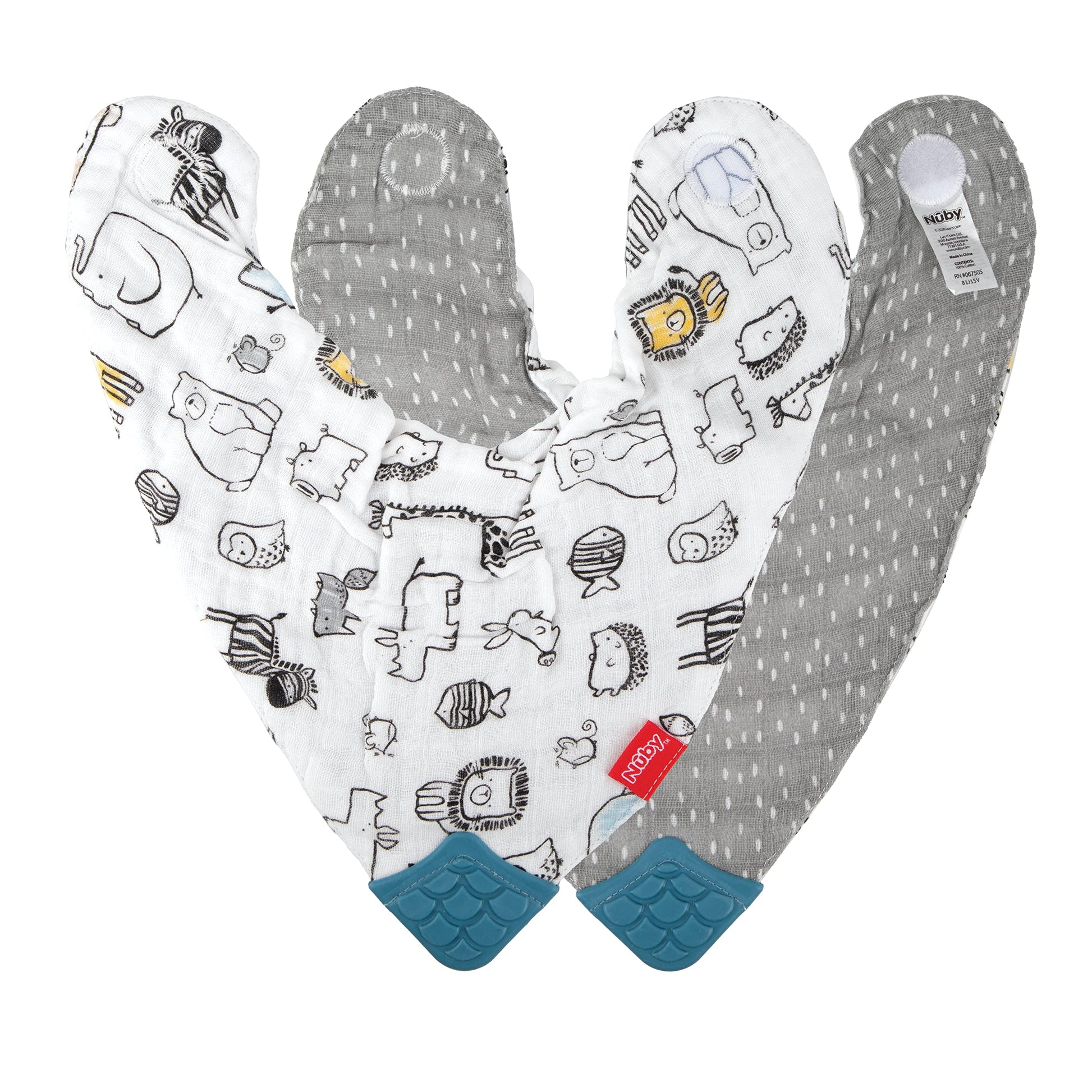 Baby wearing Nuby muslin teether bib with hook and loop closure