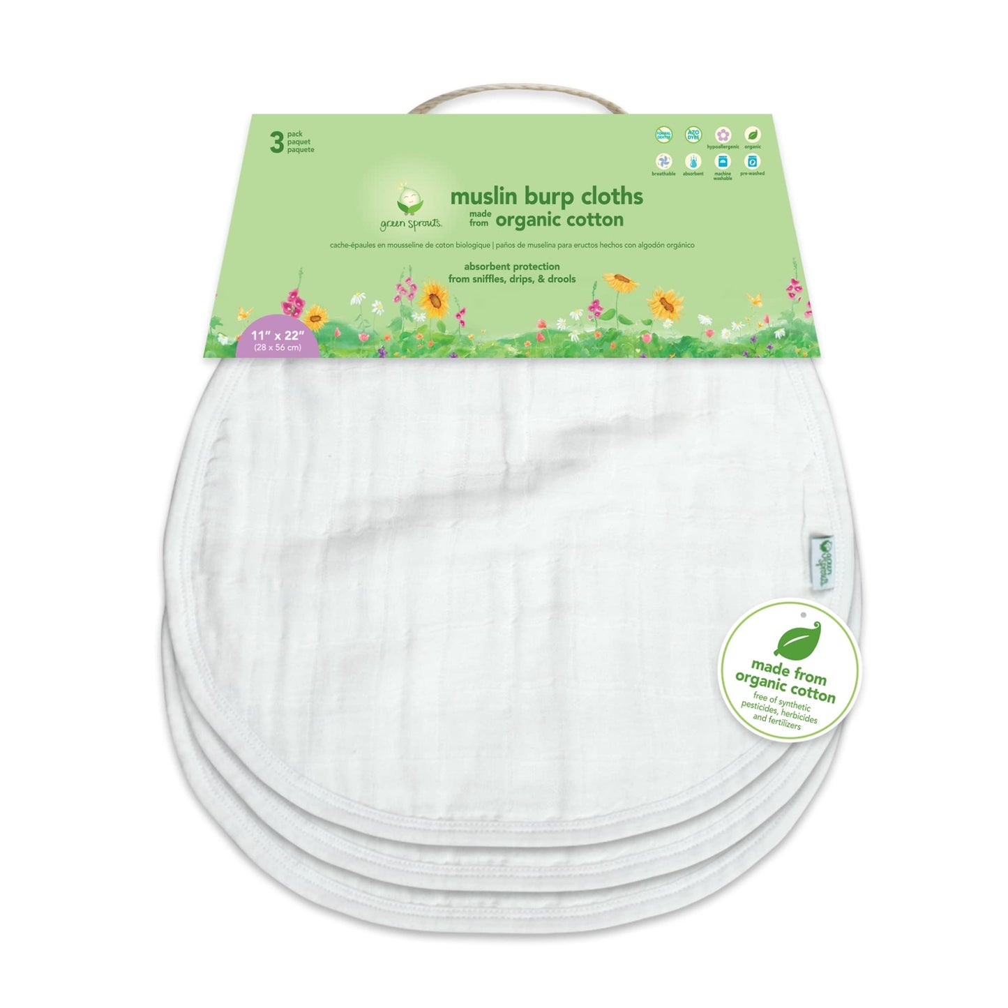 Three pack set of Green Sprouts white muslin burp cloths
