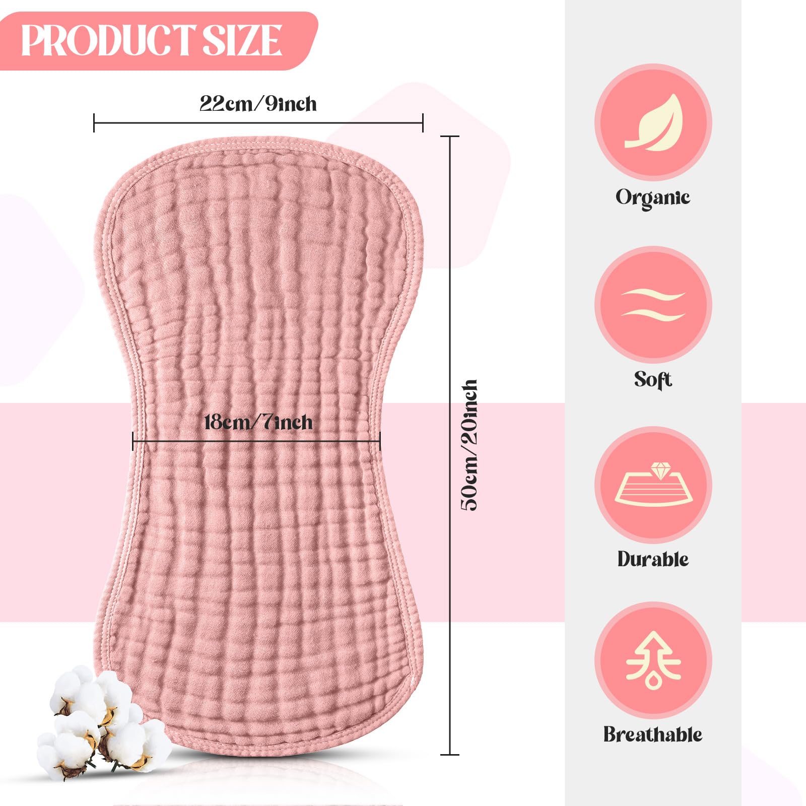 Large 20 by 10 inch cotton burp cloths for baby