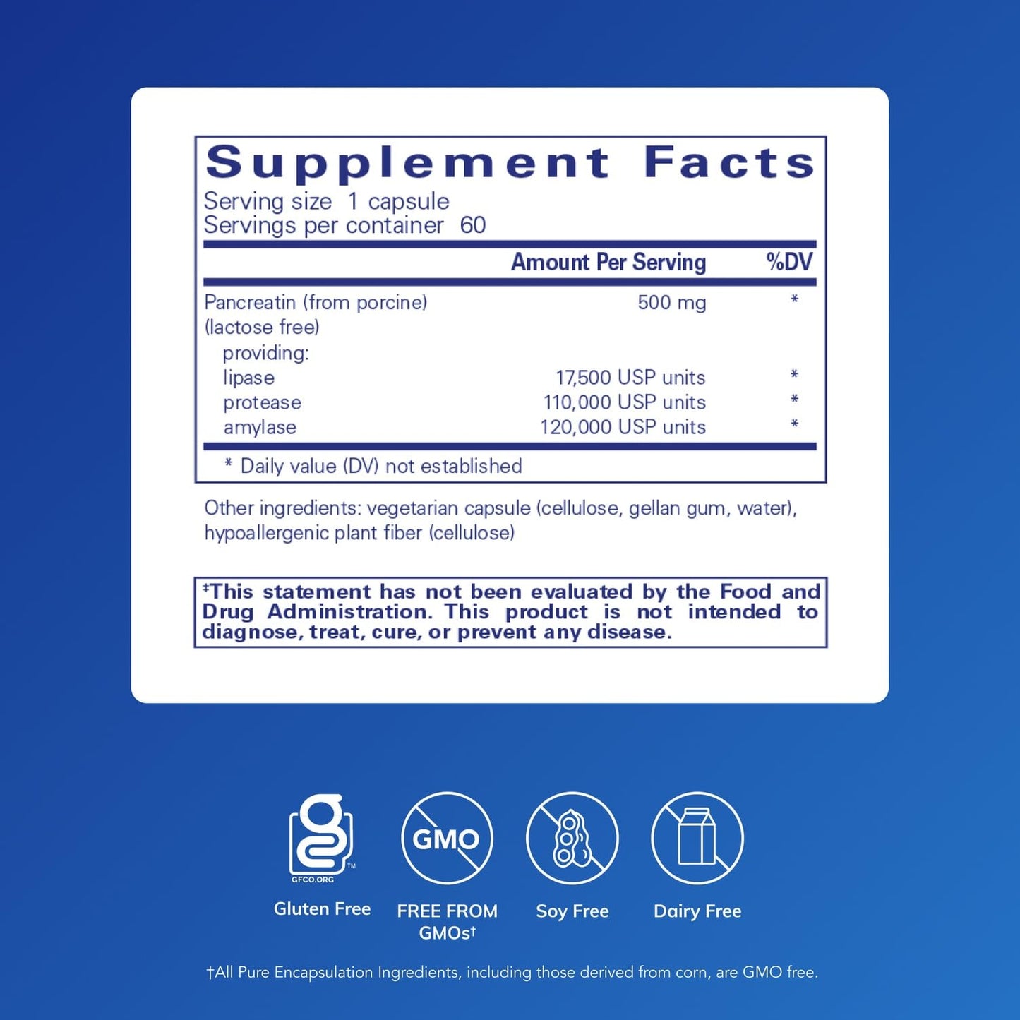 Pure Encapsulations Pancreatic Enzyme Formula supplement facts and ingredient list panel on the back of the bottle