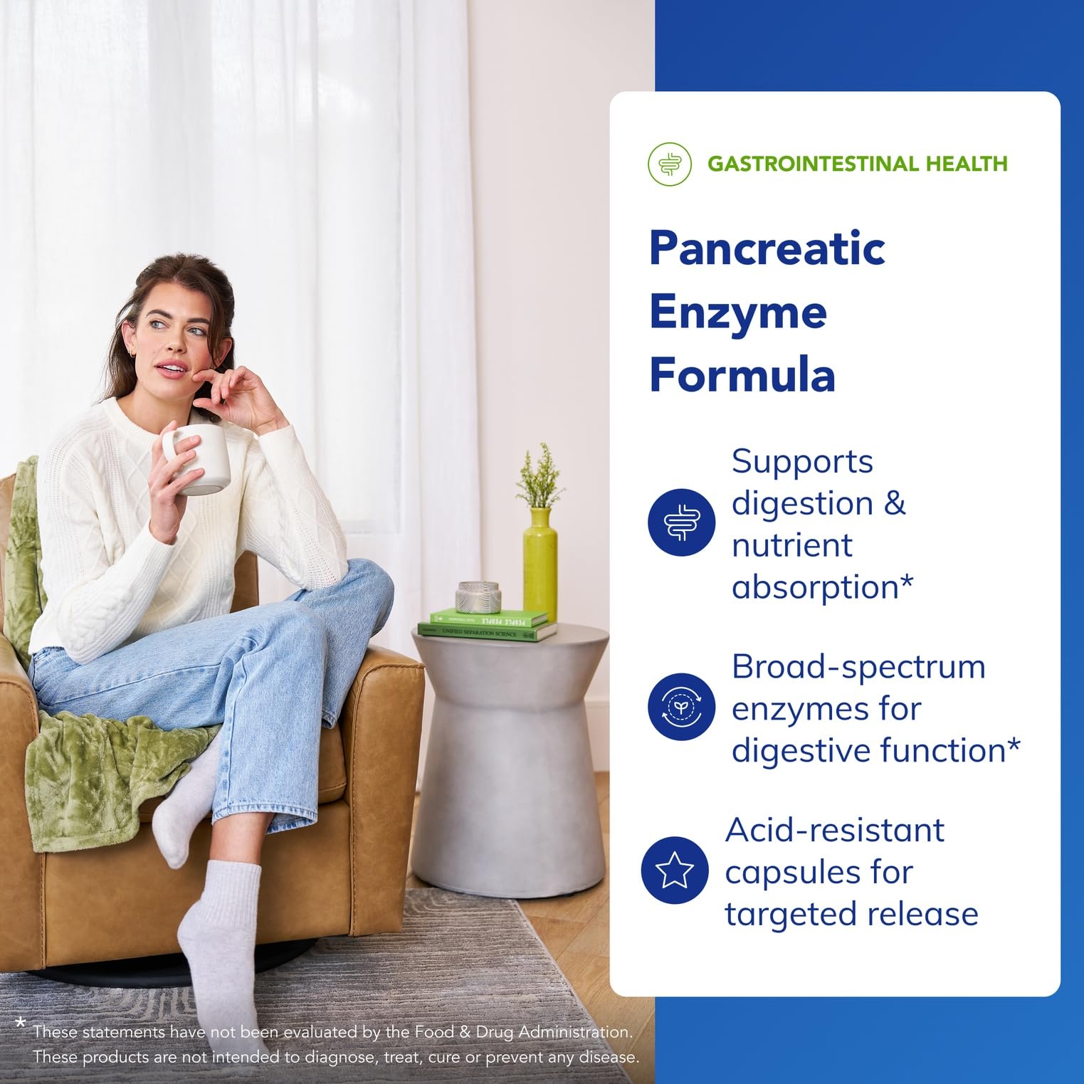 Side view of Pure Encapsulations Pancreatic Enzyme bottle displaying allergen-free and non-GMO certifications