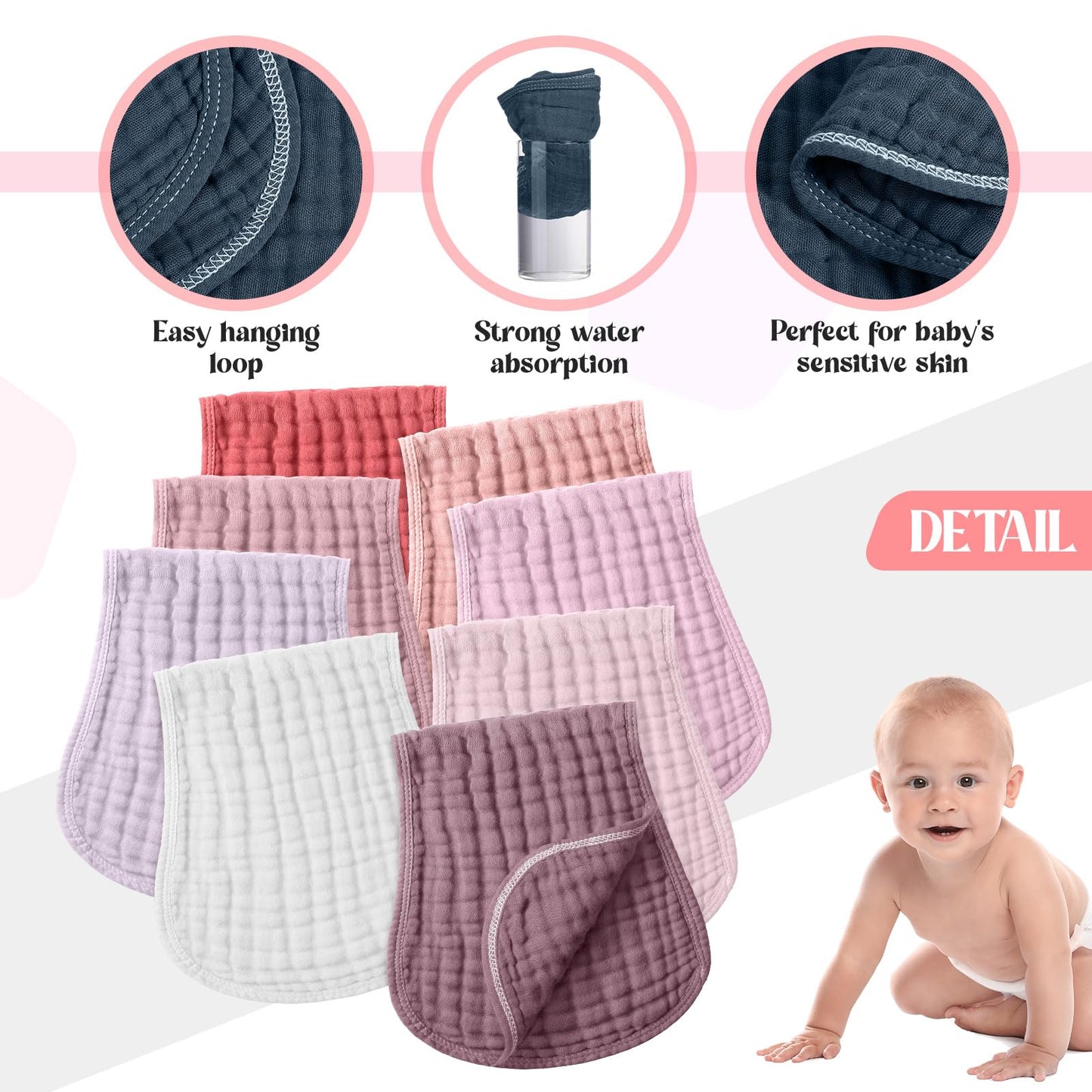 Frienda baby burp cloths draped over a shoulder