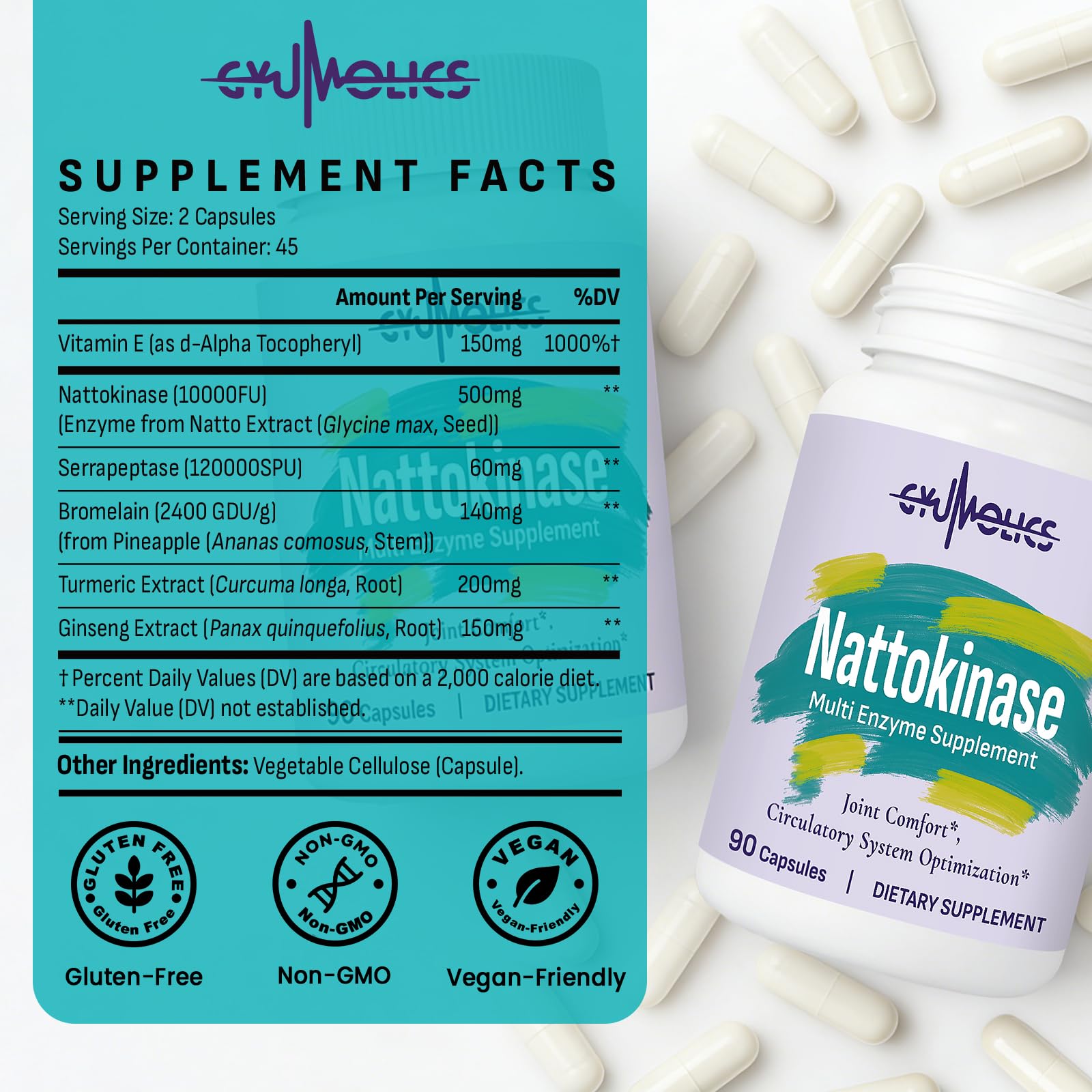Gyumolics Nattokinase 10000 FU packaging indicating 45 day supply of vegetarian capsules
