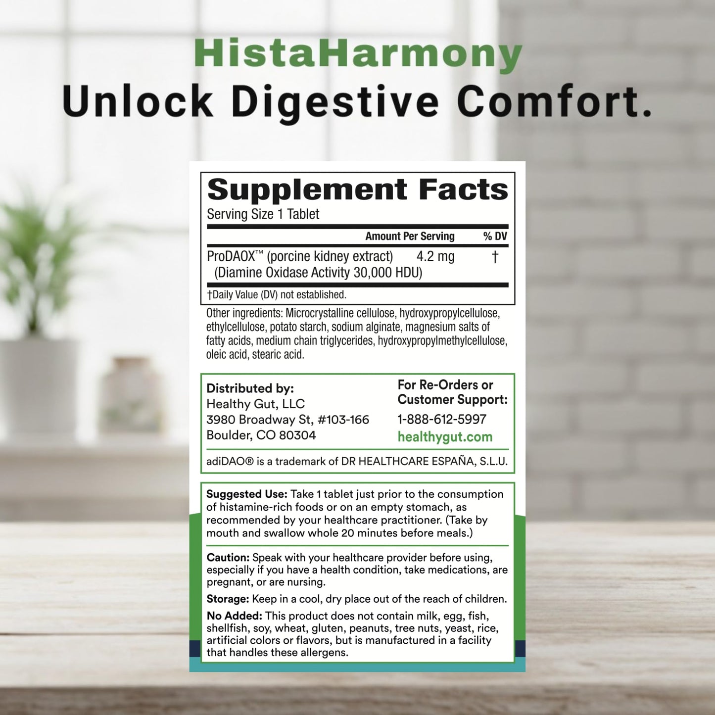 Healthy Gut HistaHarmony delayed release tablets bottle displayed upright showing the allergen free product labels