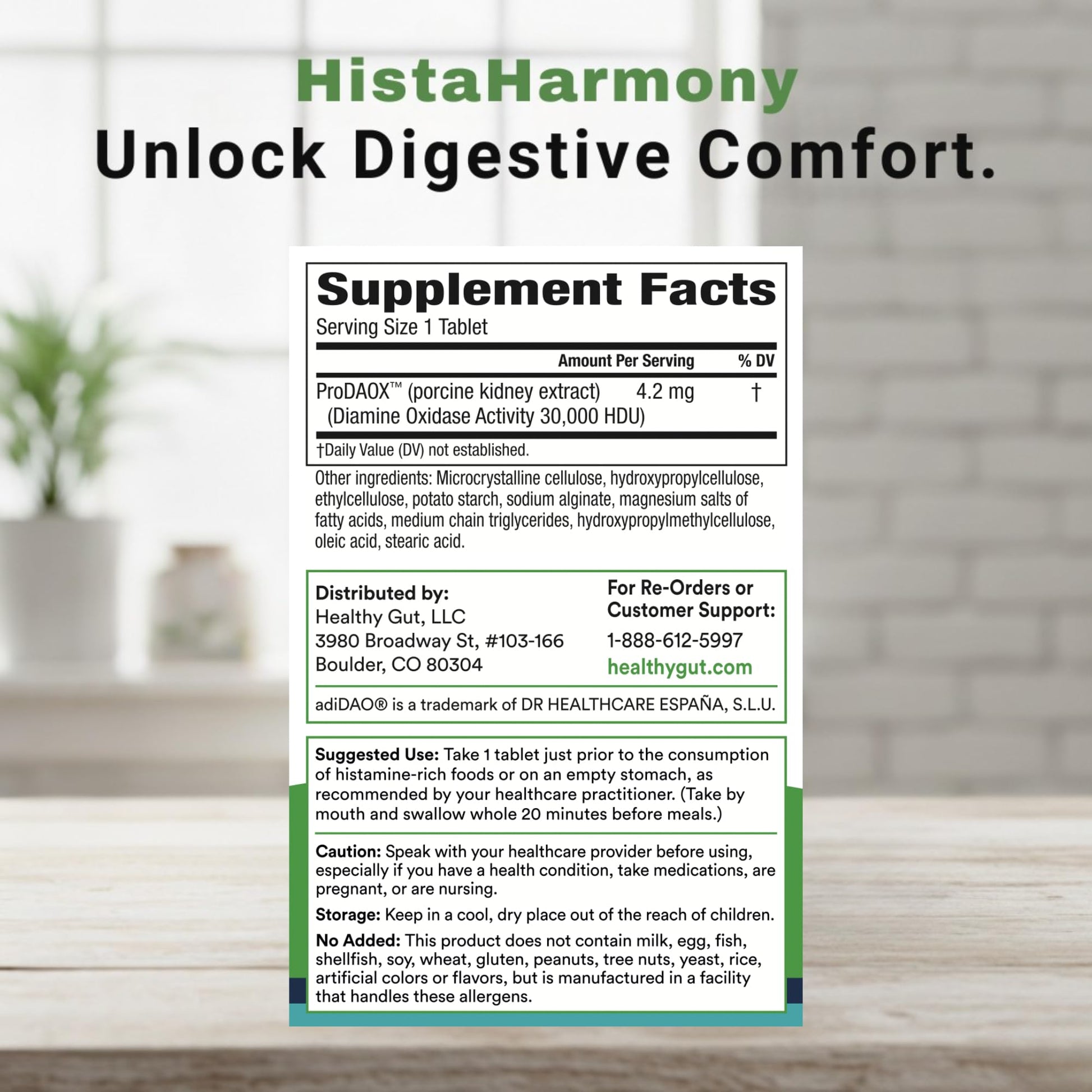 Healthy Gut HistaHarmony delayed release tablets bottle displayed upright showing the allergen free product labels