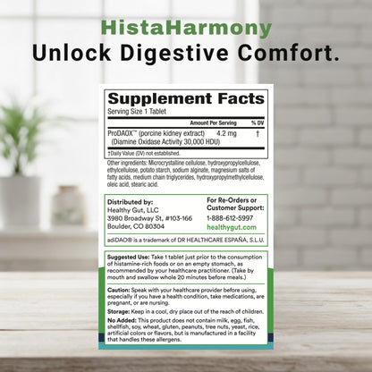 Healthy Gut HistaHarmony delayed release tablets bottle displayed upright showing the allergen free product labels