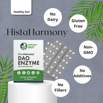 Close up view of the supplement facts panel on the Healthy Gut HistaHarmony box detailing ProDAOX ingredients