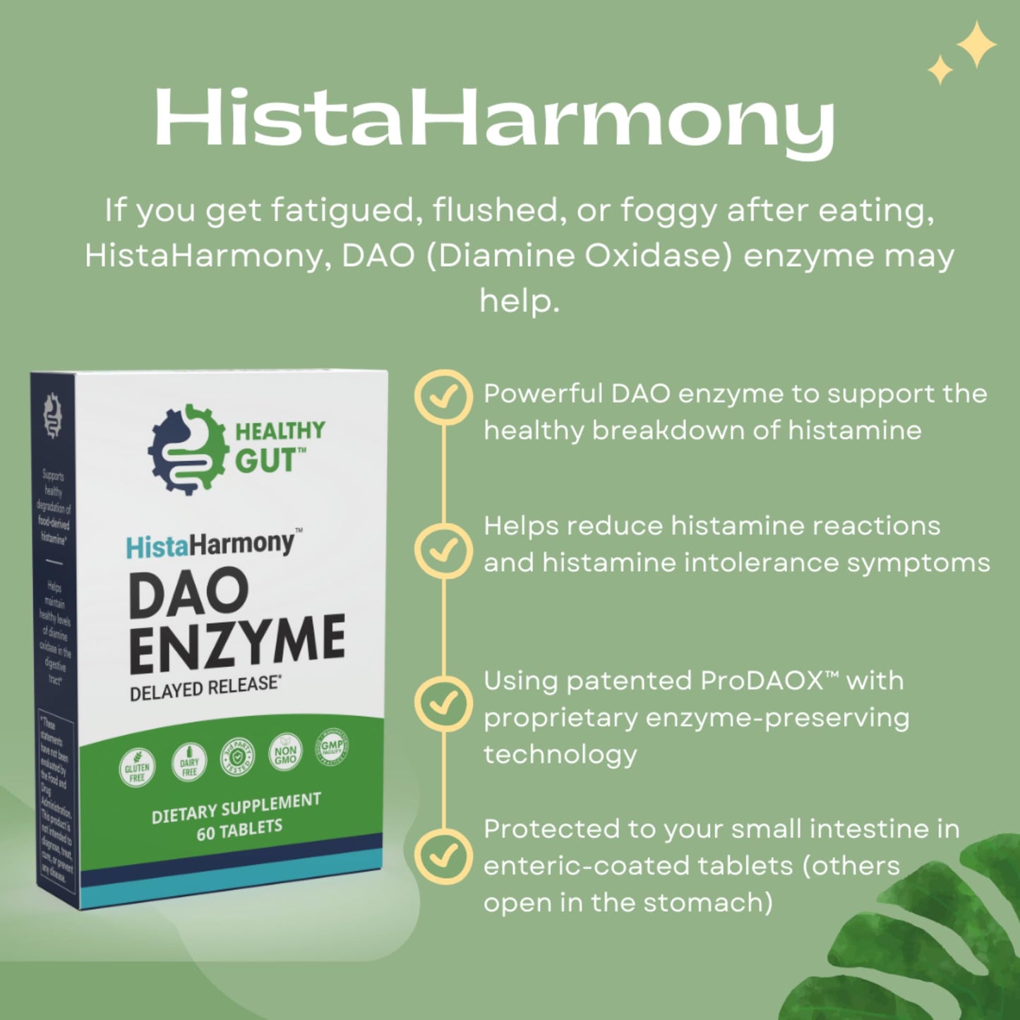 Side view of Healthy Gut HistaHarmony enteric coated dietary supplement for food derived histamine intolerance management