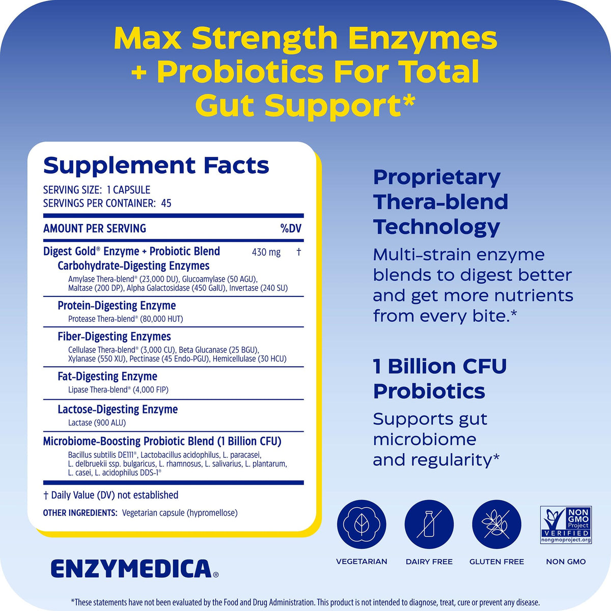 Enzymedica Digest Gold Plus Probiotics supplement facts and ingredients label