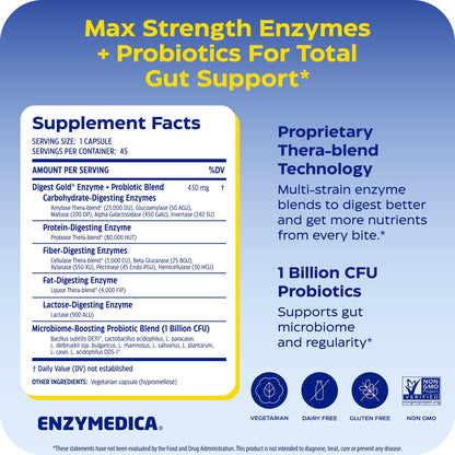 Enzymedica digestive enzymes and probiotics forty five capsules nutritional label and ingredients list.