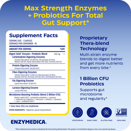Enzymedica digestive enzymes and probiotics forty five capsules nutritional label and ingredients list.