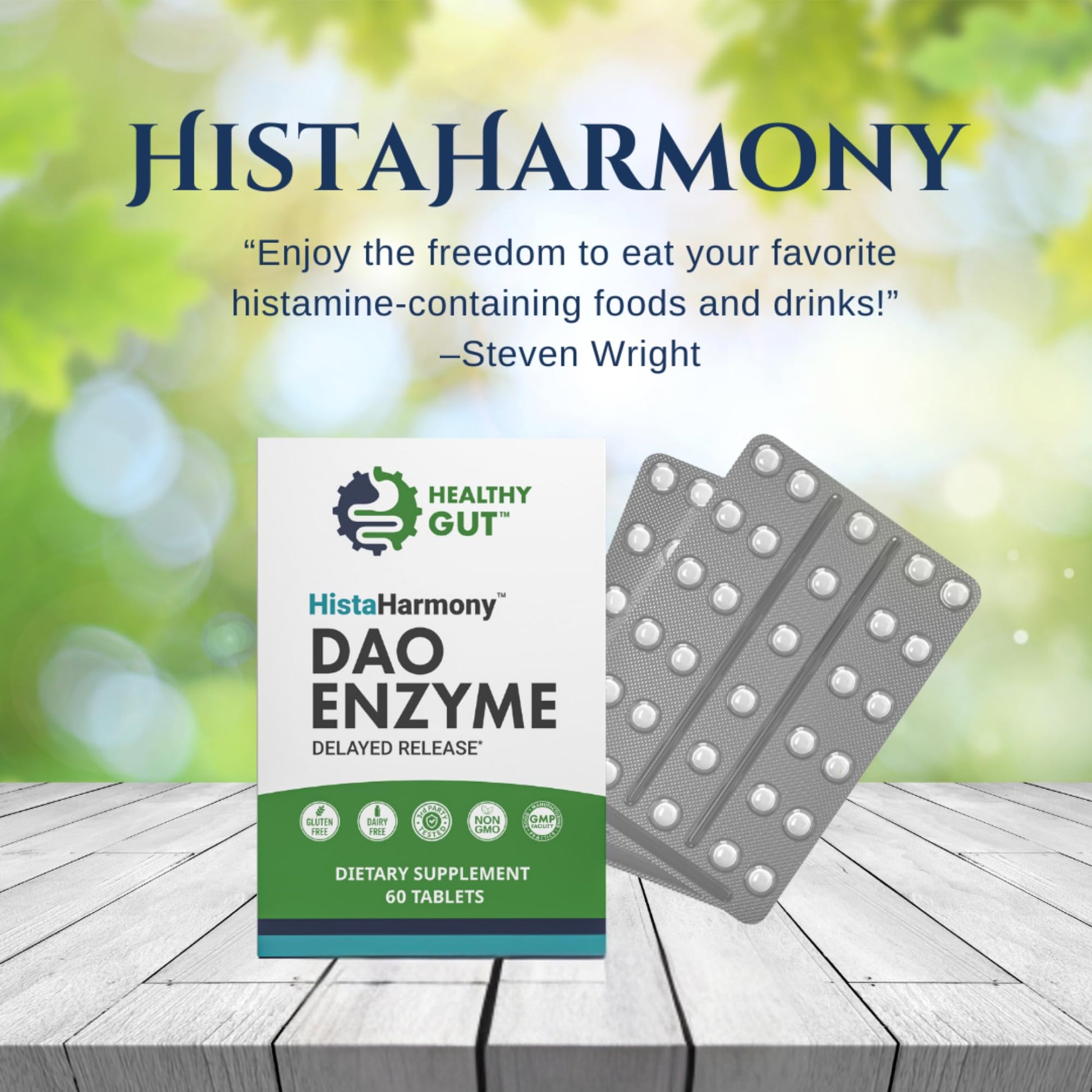 Healthy Gut HistaHarmony premium digestive support supplement box highlighting the acid safe delivery system technology