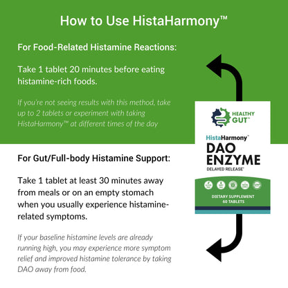 Healthy Gut HistaHarmony original imported 60 count tablet bottle showing instructions for usage before eating meals