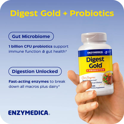 Side profile of Enzymedica Digest Gold bottle displaying directions and usage instructions.