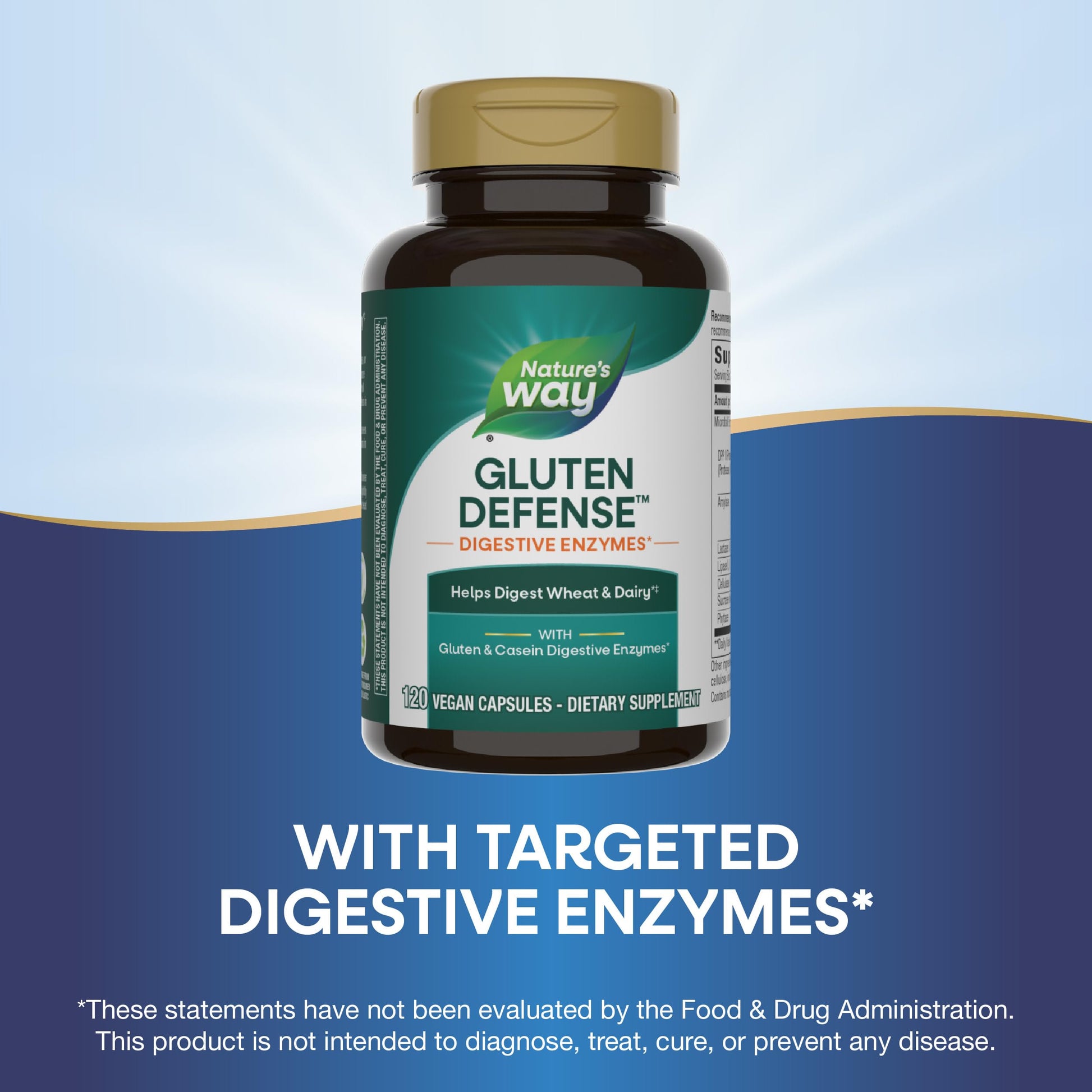 Supplement facts and ingredient label on Nature's Way Gluten Defense bottle