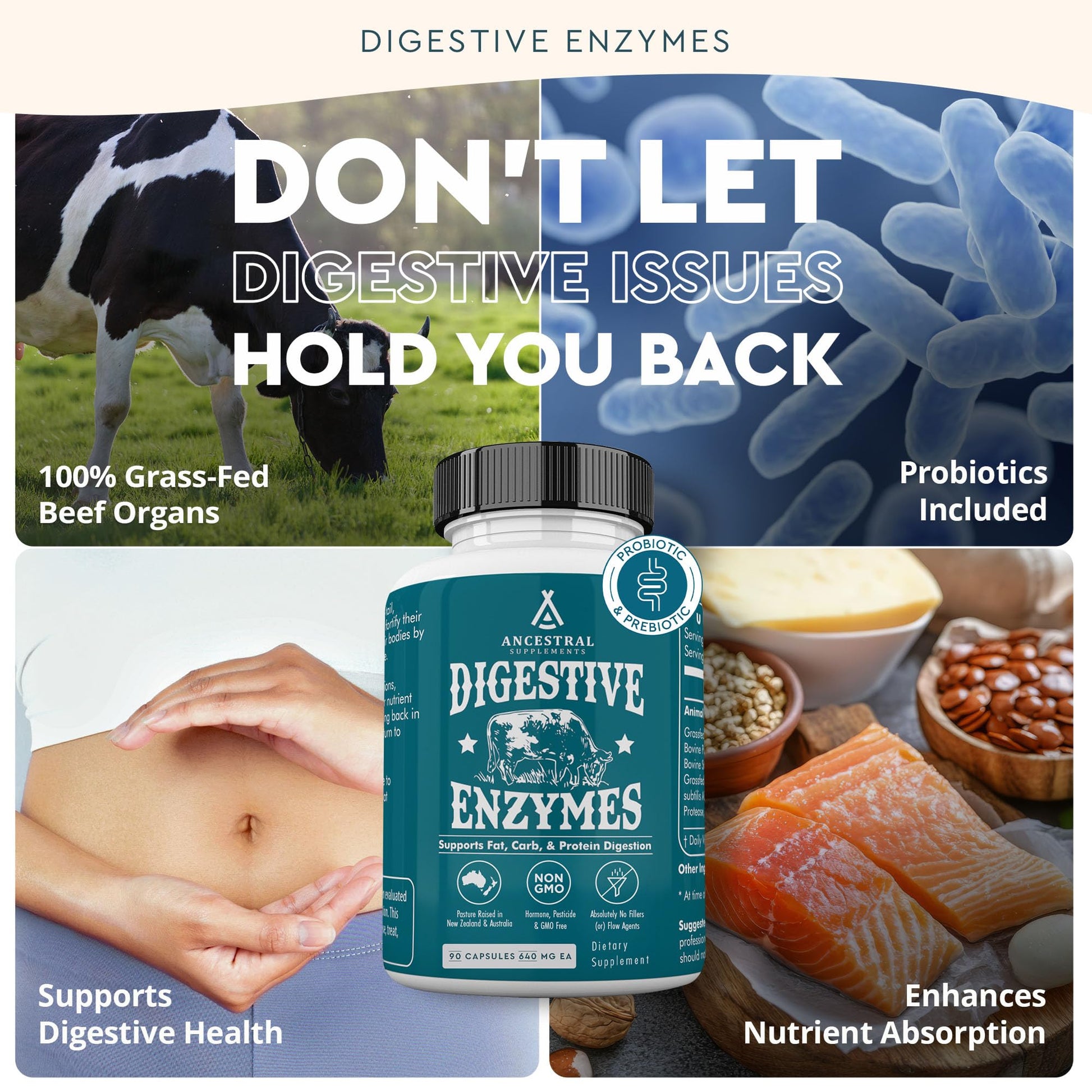 Ancestral Supplements 180 capsules container showcasing grass fed beef bovine organs blend.