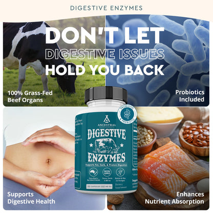 Ancestral Supplements 180 capsules container showcasing grass fed beef bovine organs blend.