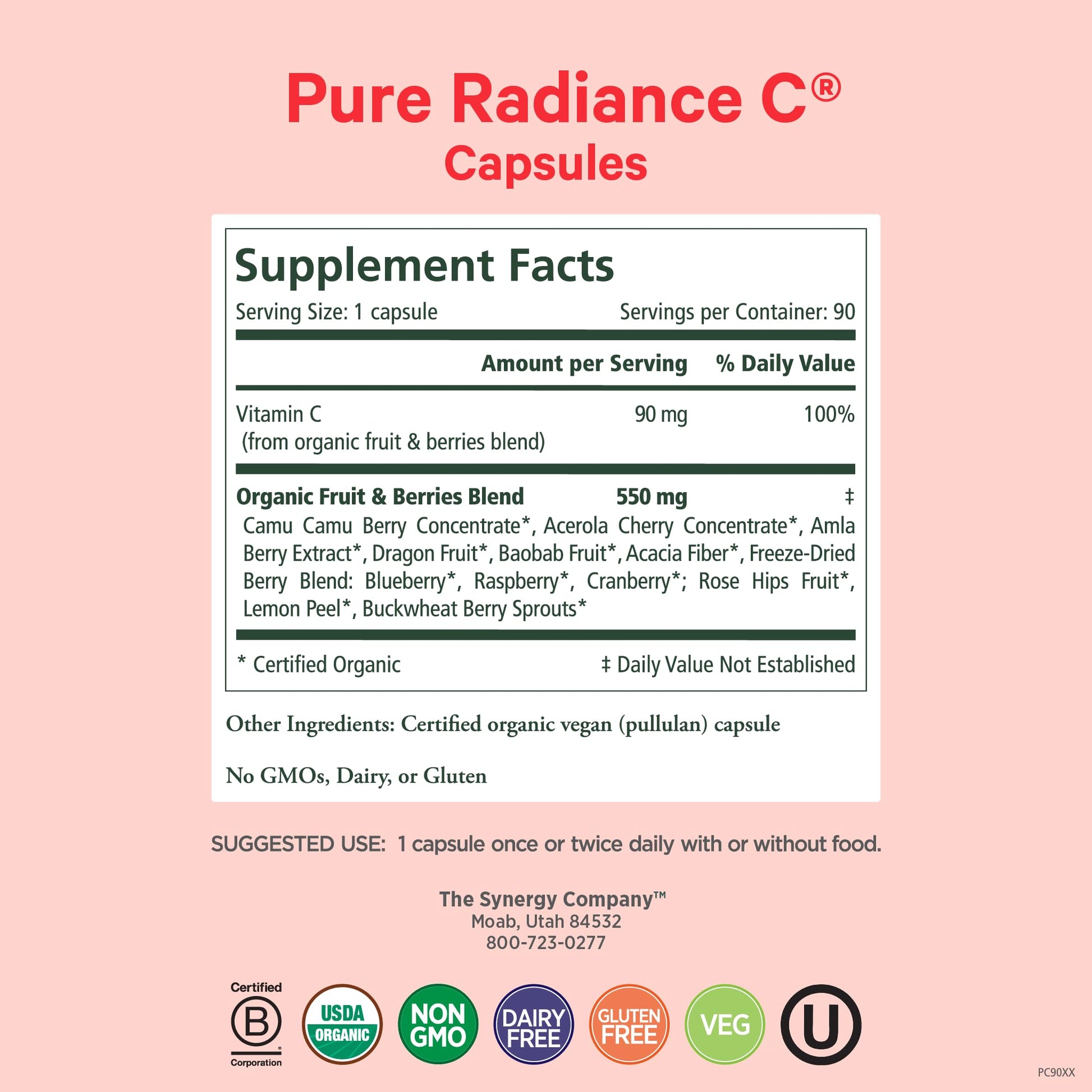Supplement facts and organic whole food ingredients label of Pure Synergy vitamin C.