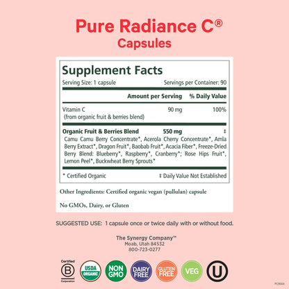 Supplement facts and organic whole food ingredients label of Pure Synergy vitamin C.