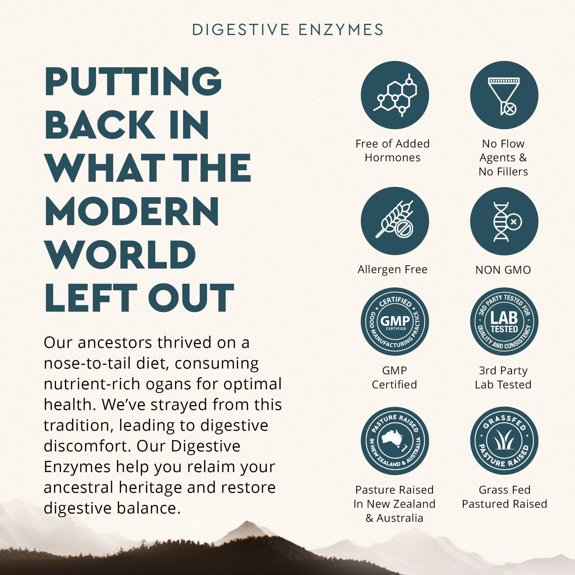 Ancestral Supplements whole food digestive enzymes with Bacillus subtilis probiotic details.
