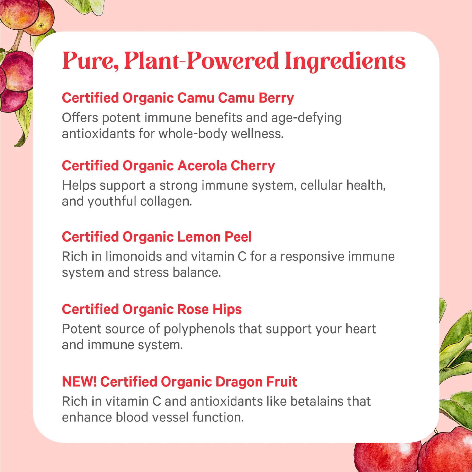 Pure Synergy organic whole food vitamin C capsules spread next to the amber glass bottle.
