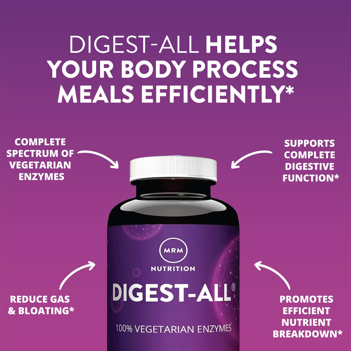 MRM Digest-All 100 count vegetarian capsules container showing ginger and peppermint herbal blend info