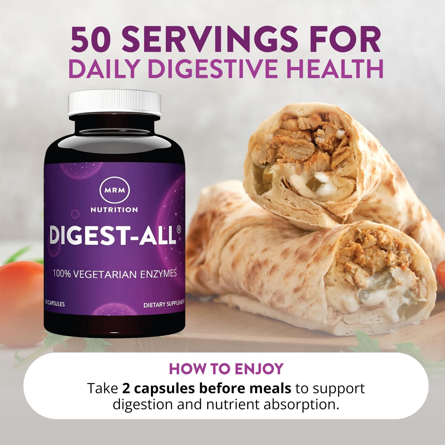 Authentic USA imported MRM Nutrition digestive enzyme capsules on a clean white background