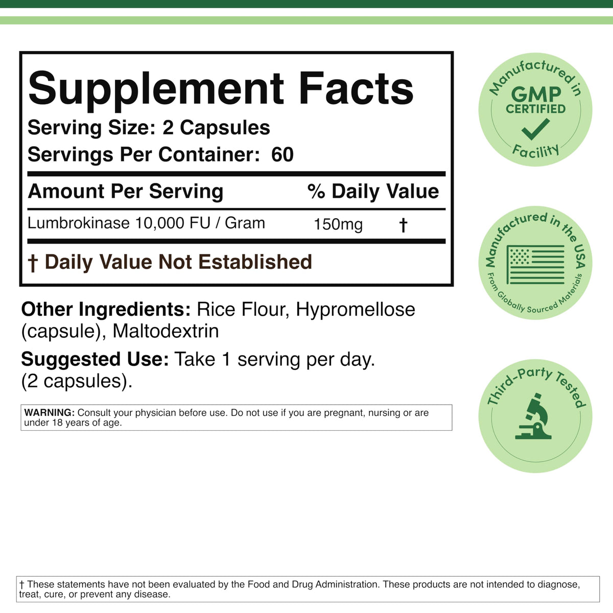 Double Wood Supplements lumbrokinase 150mg capsules supplement facts label