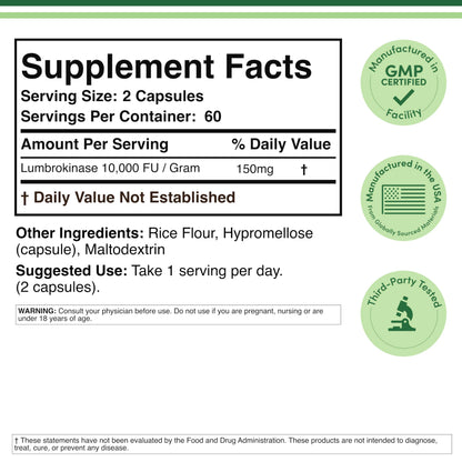 Double Wood Supplements Lumbrokinase dietary supplement nutritional information panel showing serving size