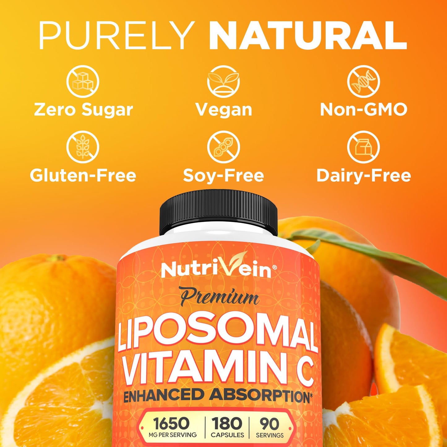 Authentic Nutrivein liposomal ascorbic acid 1650mg veggie capsules bottle sitting on a clean wellness surface background