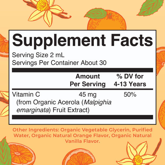 MaryRuth's USDA Organic Kids Vitamin C Supplement bottle with black dropper cap close up.