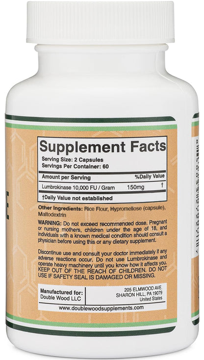 Authentic USA imported Double Wood Lumbrokinase one hundred and twenty capsules clear packaging layout