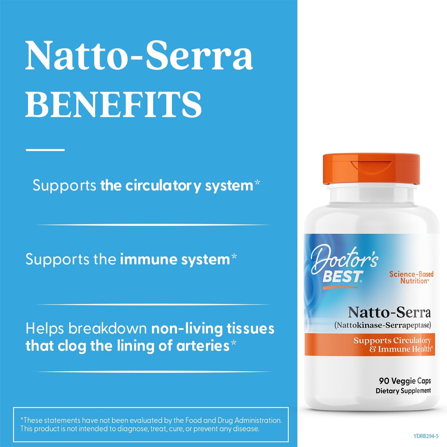 Doctor's Best Natto-Serra dietary supplement supplement facts panel detailing nattokinase and serrapeptase dosages.