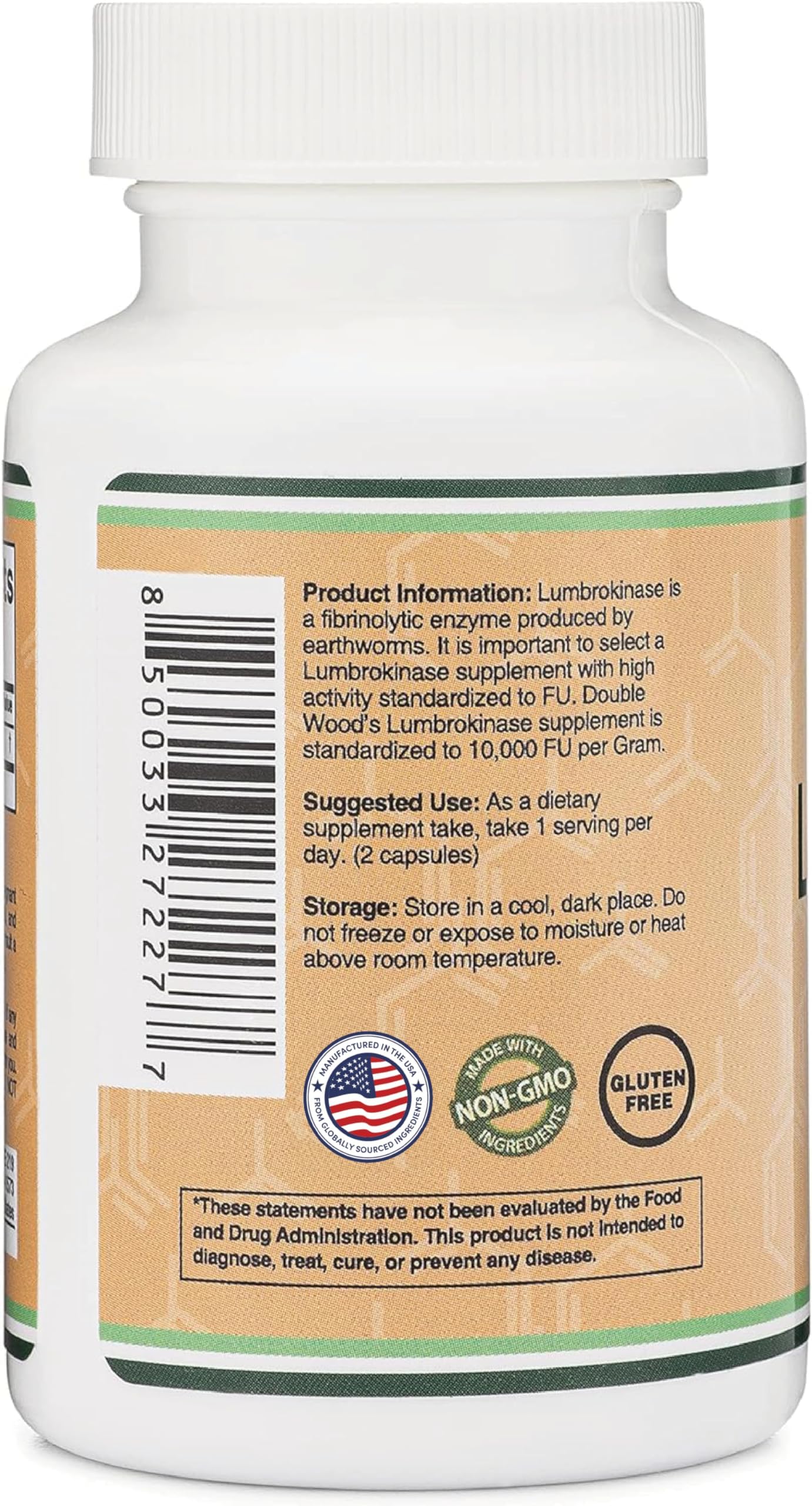 Double Wood Supplements Lumbrokinase non-genetically modified organism and gluten free certification badges