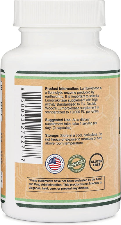Double Wood Supplements Lumbrokinase non-genetically modified organism and gluten free certification badges