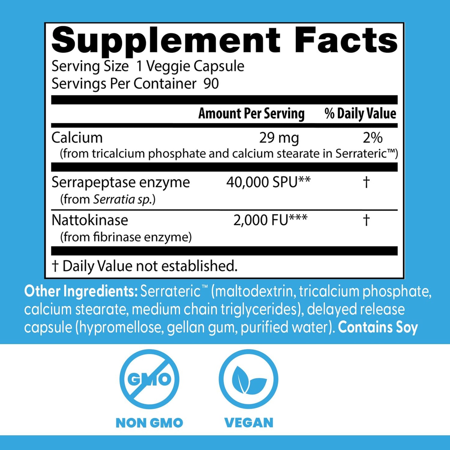 Doctor's Best Natto-Serra bottle label highlighting the non GMO vegan and science based nutrition seals.