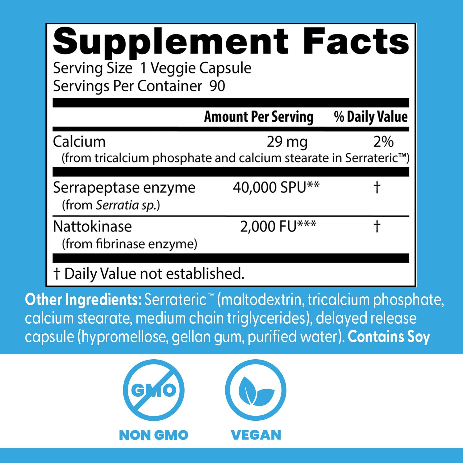 Doctor's Best Natto-Serra bottle label highlighting the non GMO vegan and science based nutrition seals.