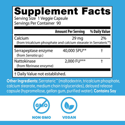 Doctor's Best Natto-Serra bottle label highlighting the non GMO vegan and science based nutrition seals.