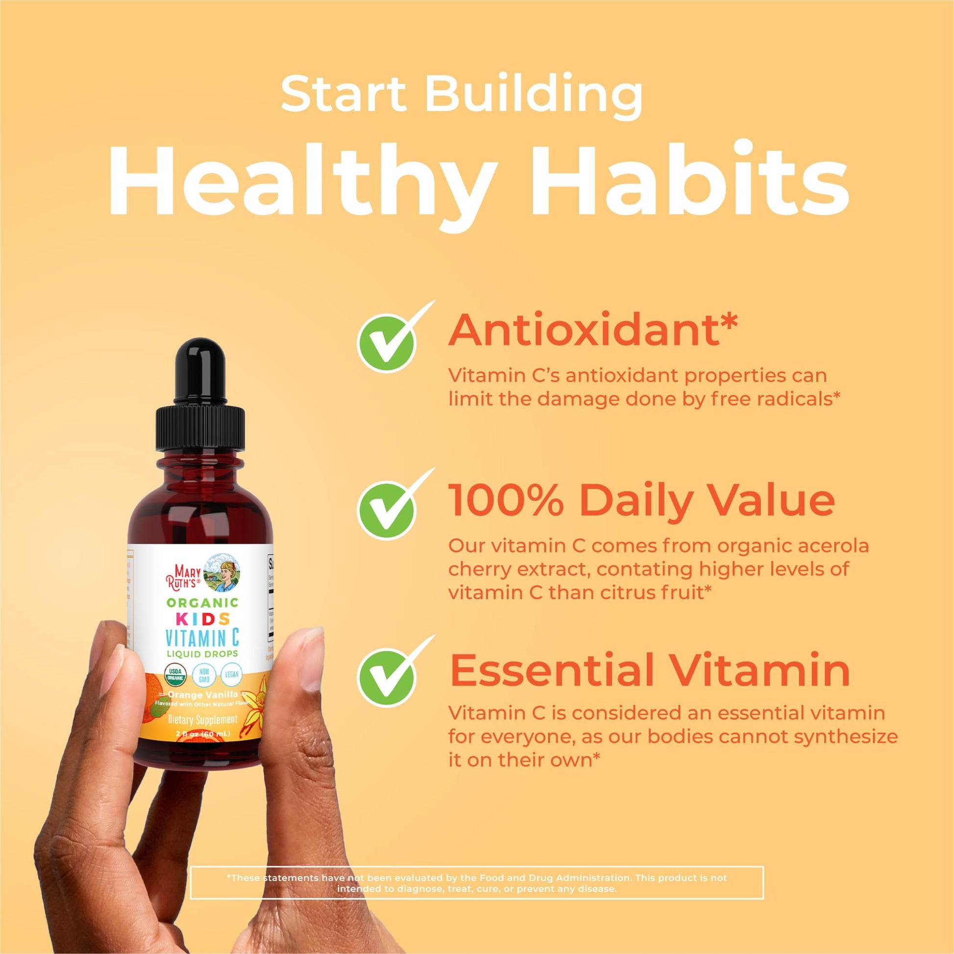 Side view of MaryRuth's non GMO organic kids immunity liquid supplement bottle.
