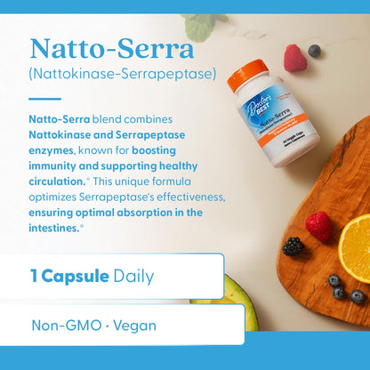 Doctor's Best Natto-Serra proteolytic enzyme capsules next to the premium packaging container.