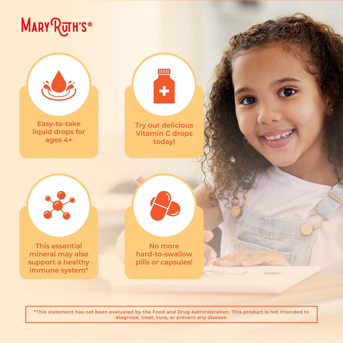 MaryRuth's organic kids vitamin c liquid drops certification seals display